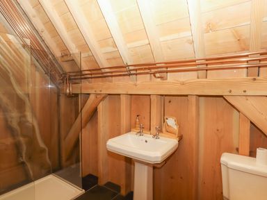 A bathroom with a shower and sink at Pucklechurch in Kingsteignton