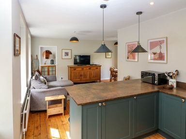 An open plan living area with a grey sofa a wooden cabinet with a TV and a kitchen counter with a microwave and utensils at 49 Castlegate in Jedburgh