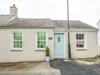 A exterior view of a small beige cottage with two windows a blue front door a potted plant and a street lamp at Pippin Cottage in Beaumaris