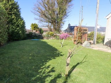 A garden with grass lawn trees and shrubs near houses at Tanyfron Holiday Caravan in Bryngwran near Gwalchmai