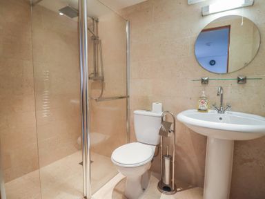 A bathroom with a shower enclosure a toilet a sink a round mirror and soap dispenser at Oak Cottage in Aylesbeare