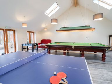 A games room with a ping pong table foosball table snooker table and red armchair at Oak Cottage in Aylesbeare