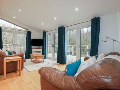 A living room with brown leather sofas wooden tables a television and large glass doors leading outside at 2 Miller's Island Near Lanreath