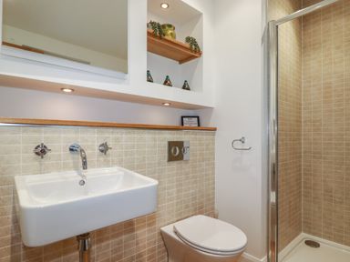 A bathroom with a sink toilet shower and recessed wall shelves at 2 Miller's Island Near Lanreath