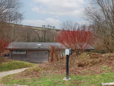 A cabin with a sloped roof surrounded by trees and shrubs near a gravel path at 2 Miller's Island Near Lanreath