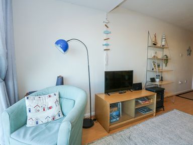 A living room with a blue armchair a floor lamp a TV on a wooden stand and a metal shelving unit at Harbour Escape in Porthmadog