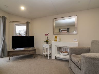 A living room with a television on a stand a small white side table a gray armchair and a fireplace with a mirror above it at Longdon Lodge in Wickhamford near Evesham
