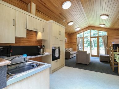 A kitchen and living area with a sink oven sofa armchair dining table and large windows at Rowan Lodge in Rosliston
