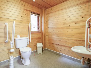 A bathroom with wooden walls a toilet sink and a window at Rowan Lodge in Rosliston