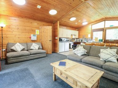 A living area with two sofas a wooden coffee table and a kitchen with cabinets and appliances at Chestnut Lodge in Rosliston