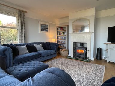 A living room with blue sofas a fireplace with a fire a bookshelf and a TV at Bryn Awelon in Harlech