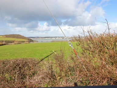 A green field with a hedge and a metal wire in front and water with buildings in the background at Little Trevorrick Caravan in St Issey