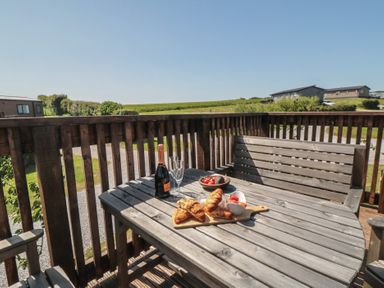 A table with food and drinks on a deck at Maple Lodge in Whitby