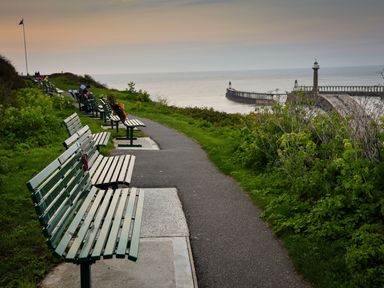 A pathway with benches and a view of the sea at Fir Lodge in Whitby