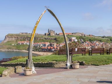 A whalebone arch overlooking coastal houses at Fir Lodge in Whitby
