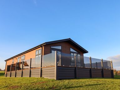 A wooden lodge with glass panel fencing on a grassy area at Cherry Blossom Lodge in Whitby