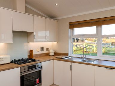 A kitchen with white cabinets a gas stove an oven a kettle a bread bin a window with wooden blinds and a sink at Cherry Blossom Lodge in Whitby