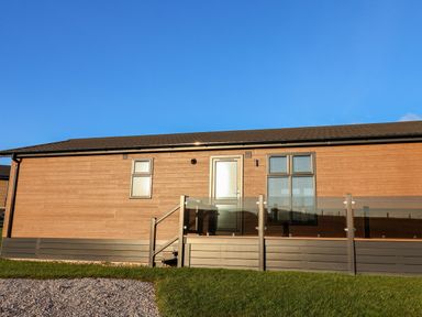 A wooden cabin with two windows a door and a glass railing on a porch at Cherry Blossom Lodge in Whitby