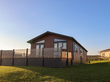 A wooden lodge with glass doors and windows and a glass railing on a grassy area at Cherry Blossom Lodge in Whitby