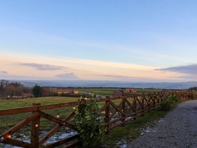 A wooden fence with string lights and green plants along a gravel path overlooking fields and small buildings at Cherry Blossom Lodge in Whitby