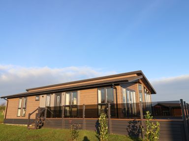 A wooden cabin with glass railing and steps on grass under a blue sky at Holly Lodge in Whitby