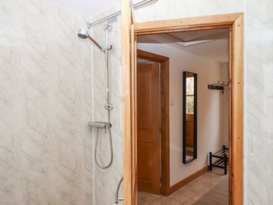 A shower with a handheld showerhead and a wooden door opening to a hallway with a wall mirror and coat hooks at The Old Coach House in Little Dunley Cottages near Bovey Tracey
