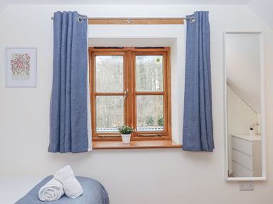A window with blue curtains and a flower pot a bed with folded towels and a mirror reflecting a dresser at The Old Coach House Little Dunley Cottages near Bovey Tracey