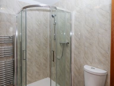 A bathroom with a glass shower enclosure a toilet and a wall-mounted towel radiator at The Old Coach House Little Dunley Cottages near Bovey Tracey
