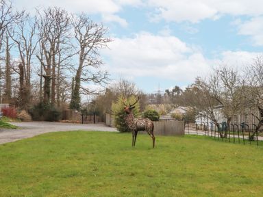 A metal deer sculpture on a grassy area near leafless trees and buildings at The Old Coach House in Little Dunley Cottages near Bovey Tracey