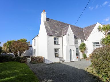 A white house with a grey slate roof and gravel driveway with plants and trees at School House in Aberffraw