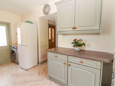 A kitchen with a washing machine refrigerator cabinets and a flower pot on the counter at Dromclough Farmhouse in Dromclough near Listowel County Kerry