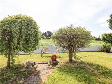 A garden with two trees a wooden bench and a potted plant at Dromclough Farmhouse in Dromclough near Listowel County Kerry