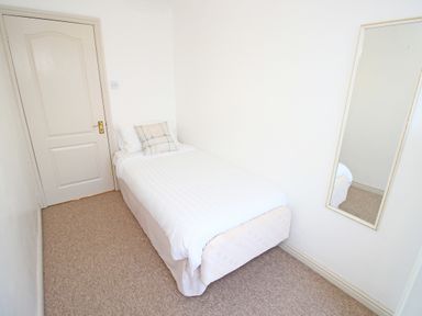 A small bedroom with a single bed white bedding a pillow a wall mirror and a closed door at Fisherman Cove in Porthmadog