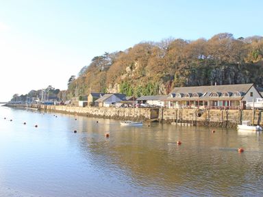 A harbor with boats moored along a stone quay and trees behind at Fisherman Cove in Porthmadog