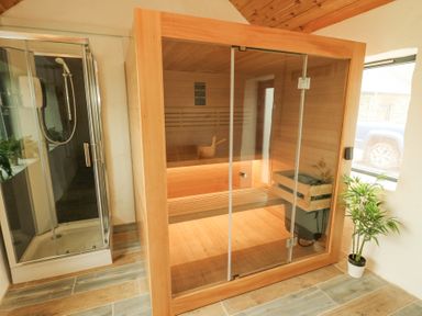 A wooden sauna with glass doors next to a glass-enclosed shower and a potted plant in a tiled room at Cuddfan in Llanfwrog near Bodedern