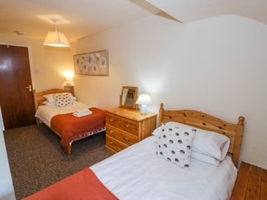 A bedroom with two single wooden beds a dresser with a lamp and a mirror a closed door and carpeted floor at Igamogam Llanllyfni near Penygroes