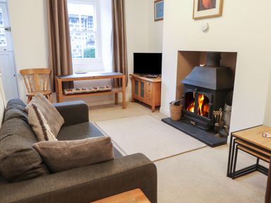 A living room with a grey sofa a wood burning stove a wooden chair and tables at Ty Glyn in Beddgelert