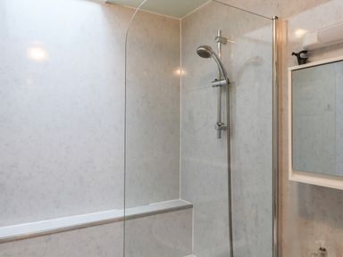 A bathroom shower area with a handheld showerhead and a glass partition at Ty Glyn in Beddgelert