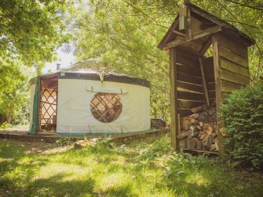 A yurt tent and a wooden firewood storage shed in a grassy area with trees at Brandon House Farm Yurt Brandon Parva near Mattishall