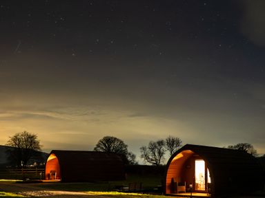 Two camping pods and trees under a starry sky at Ty Twt Teifi Tregaron
