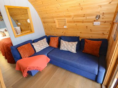 A snug with a blue sofa and throw blanket at Ty Twt Teifi, Llanddewi-Brefi
