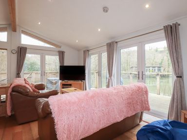 A living room with brown leather sofas covered with pink throws a wooden coffee table a television and glass doors with curtains at 1 Miller's Island near Lanreath