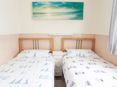 A bedroom with two single beds with printed bedding and a white nightstand between them at Homestead in Aberdesach near Penygroes