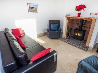 A living room with a black sofa and red cushions a black armchair with a blue cushion a brick fireplace with a wood stove and a red potted plant on the mantel at 1 Willow Cottage in Upton Upon Severn