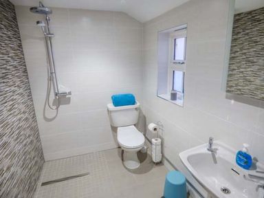 A bathroom with a toilet a sink a shower area and a window at 1 Willow Cottage in Upton Upon Severn