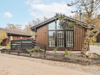 A wooden cabin with large windows and a path at Fig Tree Lodge in Hutton Roof near Penrith