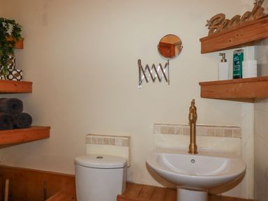 A bathroom with a toilet and sink with brass faucet shelves with towels and toiletries at The Aqua Shack in Newquay