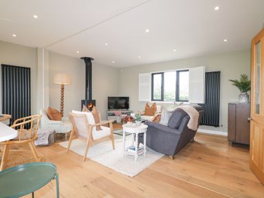 A living room with multiple chairs a sofa a wood burning stove and a TV at Holm Oaks Cottage in Busbridge near Godalming