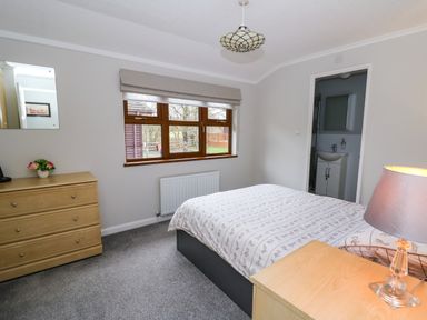 A bedroom with a bed a wooden dresser a bedside table with a lamp a window and an open door revealing a sink at 2 Riverside Lodge in Abercych near Cenarth