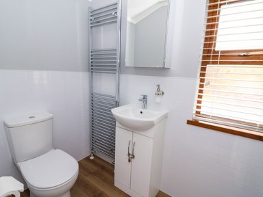 A bathroom with a toilet a sink with cabinet a towel rack and a window with blinds at 2 Riverside Lodge Abercych near Cenarth